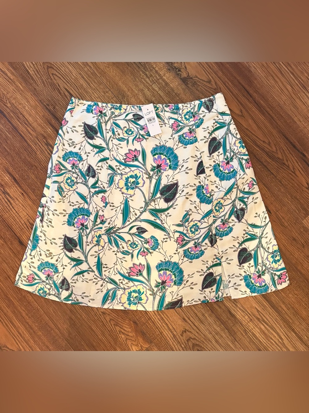 NWT LOFT Cream Floral A-Line Skirt - Teal & Pink Botanical Print Size 6